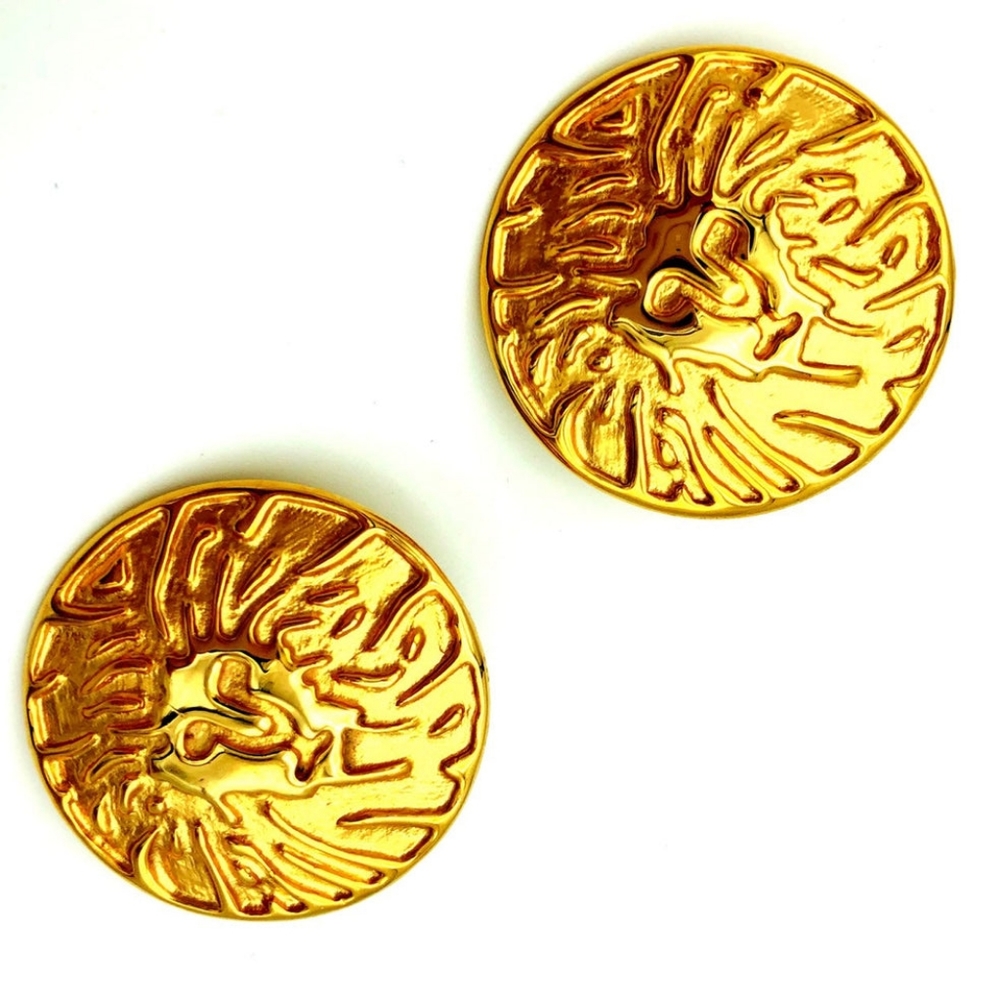 Anne Klein Gold Large Lion Logo Medallion Clip-On Earrings